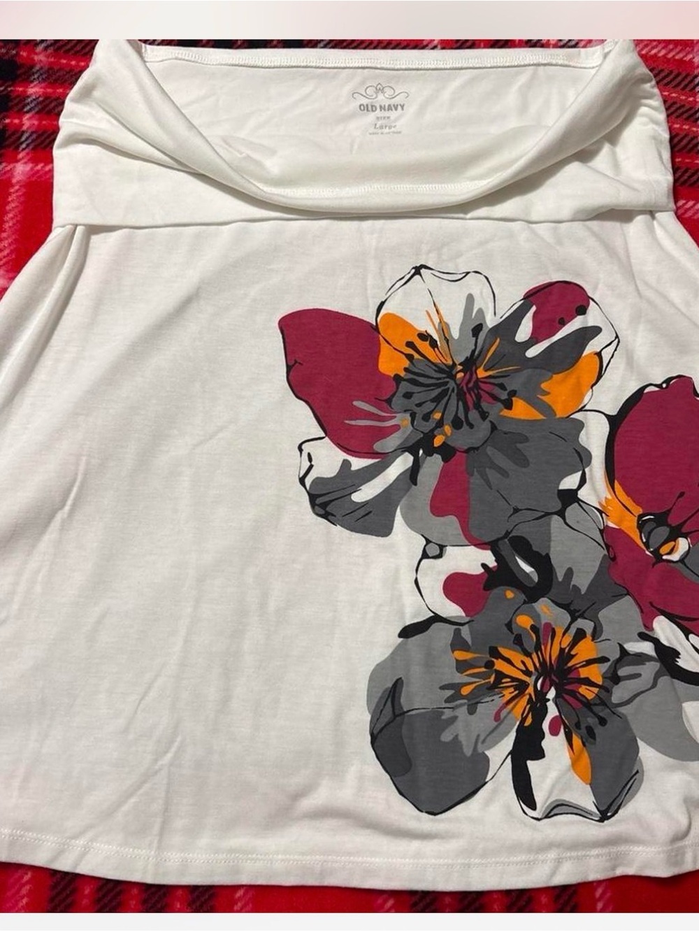 Old Navy White Floral Cowl-Neck Camisole with Pink and Orange Blooms